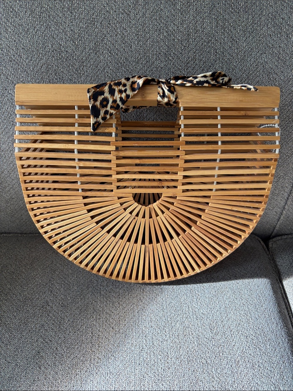 Woven Semi-Circle Bamboo Tote with Leopard Scarf Accent - Natural